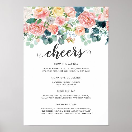 Blushing Summer Floral Wedding Bar Menu Poster