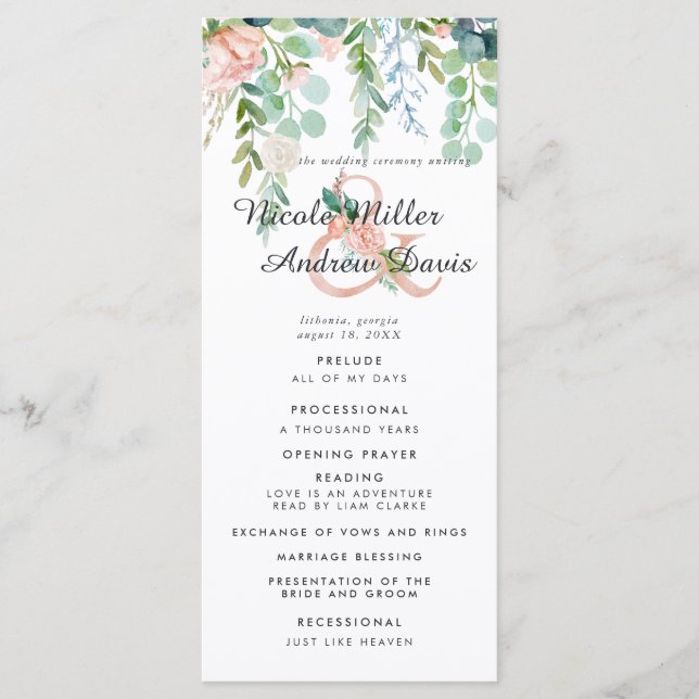 Blushing Summer Floral Wedding Ceremony Program (Front)