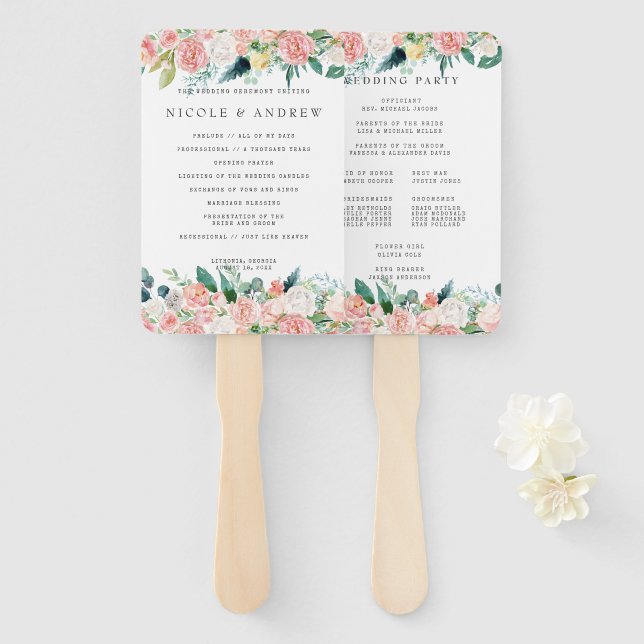 Blushing Summer Floral Wedding Program Hand Fan (Front and Back)