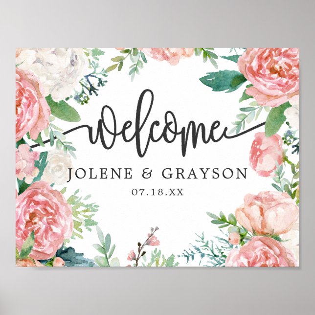 Blushing Summer Floral Wedding Welcome Poster (Front)