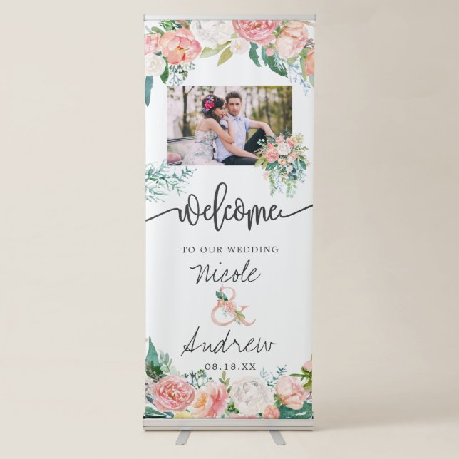 Blushing Summer Floral Welcome Wedding Retractable Banner (Front)