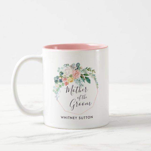 Blushing Summer Floral Wreath Wedding Favor Two-Tone Coffee Mug (Left)