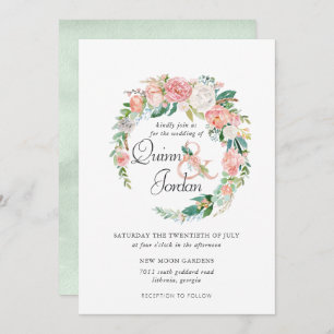 Blushing Summer   Floral Wreath Wedding Invitation
