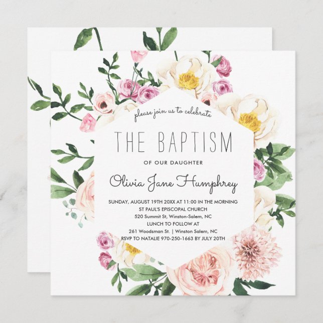 Blushing Summer Florals Baptism Invitation (Front/Back)