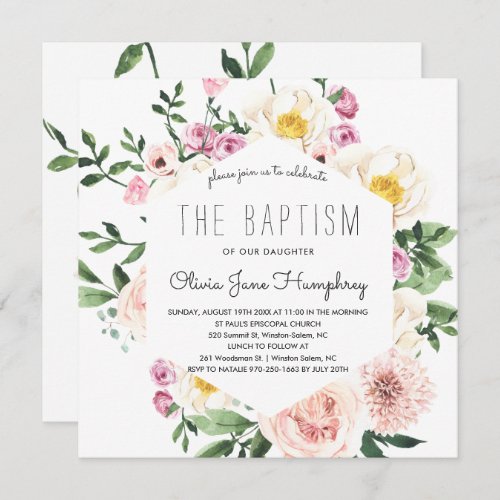Blushing Summer Florals Baptism Invitation
