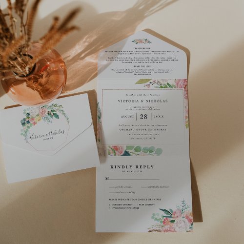 Blushing Summer  Watercolor Floral Wedding All In One Invitation