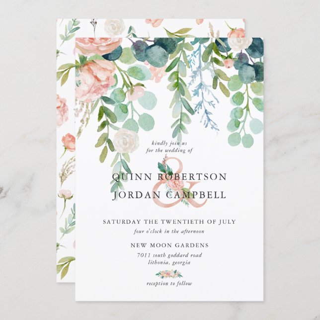 Blushing Summer | Watercolor Floral Wedding Invitation (Front/Back)
