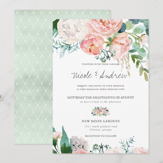 Blushing Summer | Watercolor Floral Wedding Invitation (Front/Back)