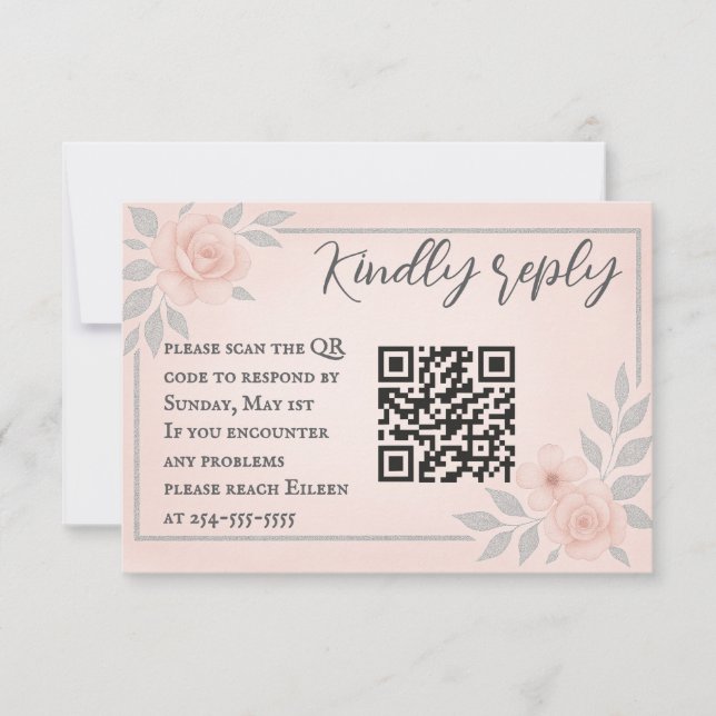 Blushing Vows QR Code Wedding RSVP Card (Front)
