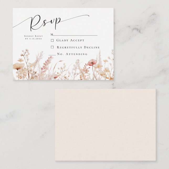 Blushing Wildflowers Wedding RSVP Note Card (Front/Back)