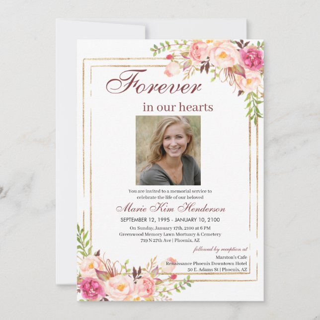 BlushPink Boho Gold Memorial Service Funeral Photo Invitation (Front)