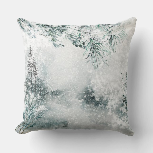Blustering Winter Forest Woodland Snowstorm Throw Pillow (Front)