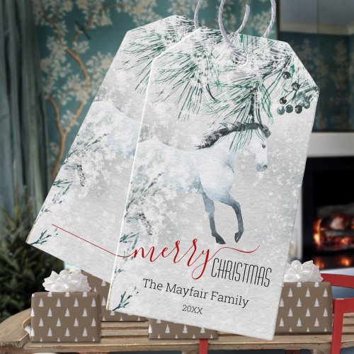 Blustering Winter Pine White Horse Merry Christmas Gift Tags