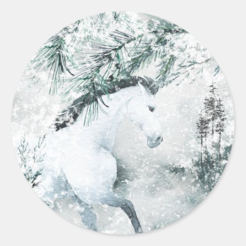 Blustering Winter Woodland Forest White Horse Classic Round Sticker