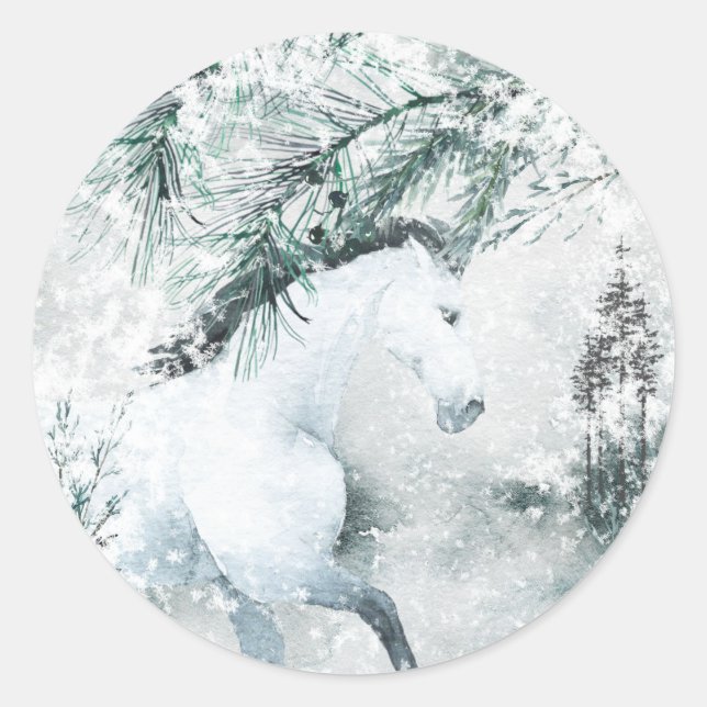 Blustering Winter Woodland Forest White Horse Classic Round Sticker (Front)