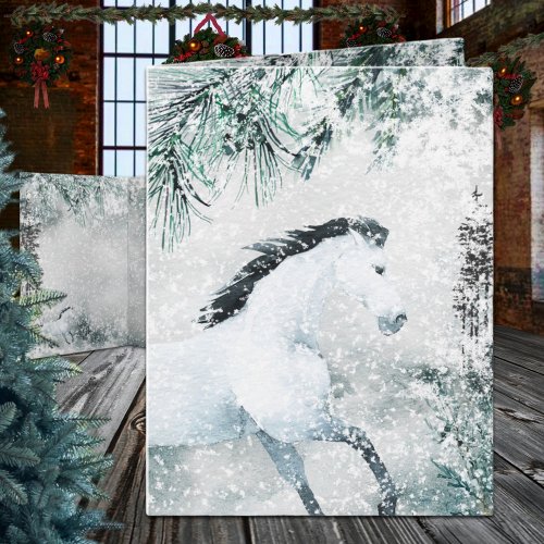 Blustering Winter Woodland Forest White Horse  Holiday Card