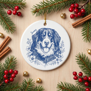 Bluvette Blue Floral Engraved Pet Portrait Ceramic Ornament