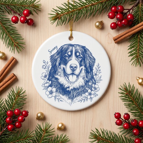 Bluvette Blue Floral Engraved Pet Portrait Ceramic Ornament