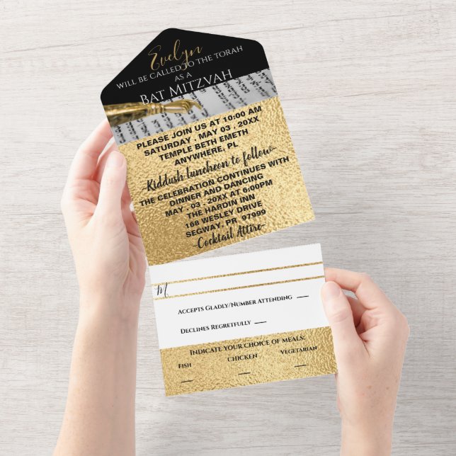 BM Bar Bat Mitzvah Gold and Black All In One Invitation (Tearaway)