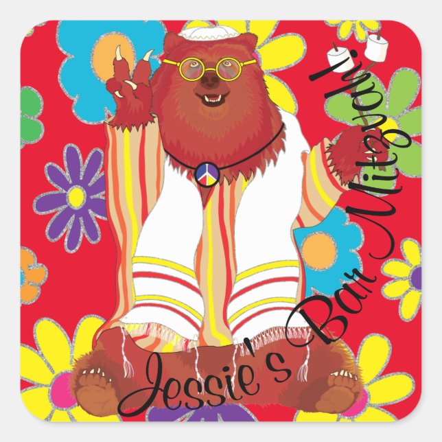 BM Bar Bat Mitzvah Hippie Peace Bear Square Sticker (Front)