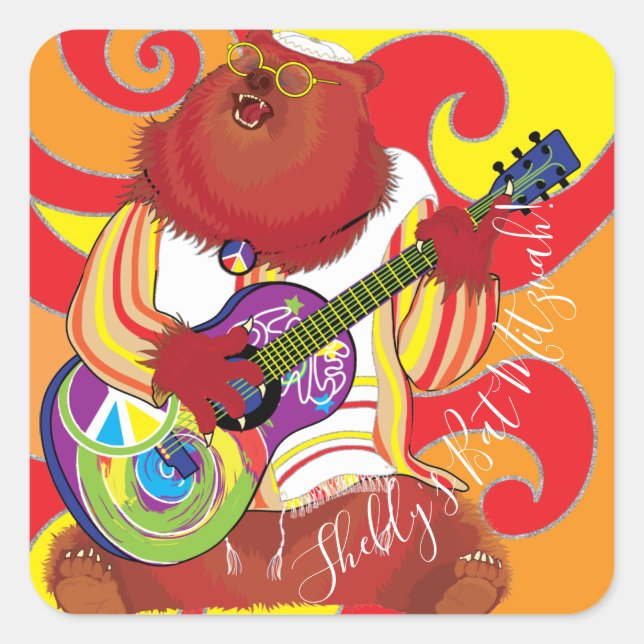 BM Bar Bat Mitzvah Hippie Singing Bear Square Sticker (Front)