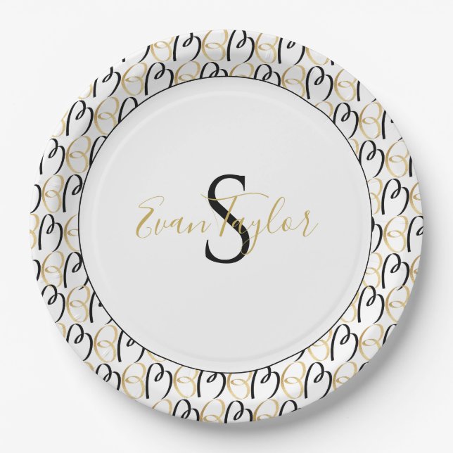 BM Bar Bat Mitzvah Paper Plate Elegant Gold Black (Front)
