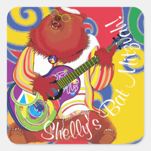 BM Bar Bat Mitzvah Swirls Hippie Bear Square Sticker