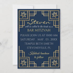 BM Bar or Bat Mitzvah Blue n Gold Art Deco Invitation