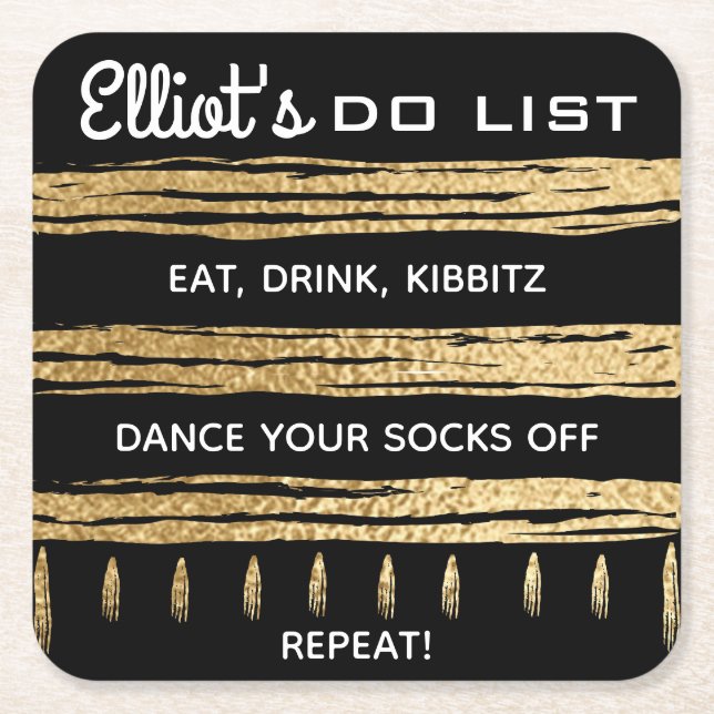 BM Bar or Bat Mitzvah GOLD TALLIT Square Paper Coaster (Front)