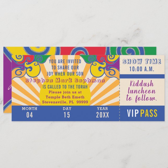 BM Bar or Bat Mitzvah Hippie Ticket Invitation (Front/Back)