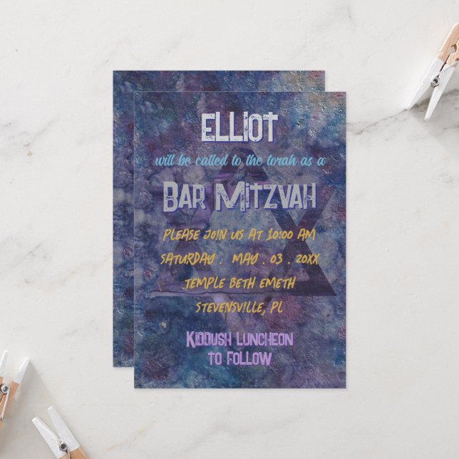 BM Bar or Bat Mitzvah Painterly Star Invitation (Front/Back In Situ)
