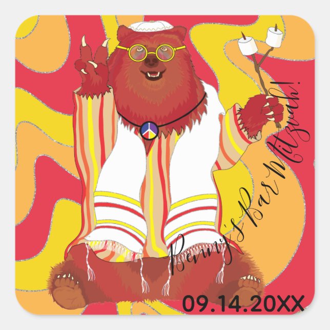 BM Bar or Bat Mitzvah Sticker Square Hippie Bear (Front)