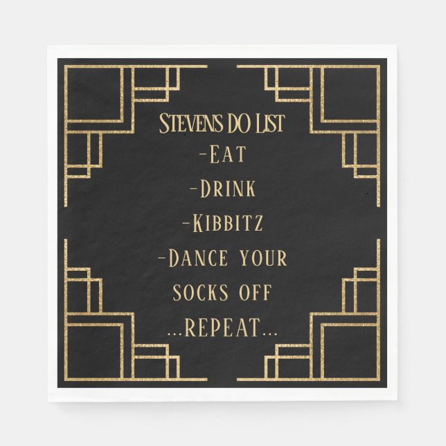 BM Bat Bar Mitzvah Black Art Deco Napkins (Front)