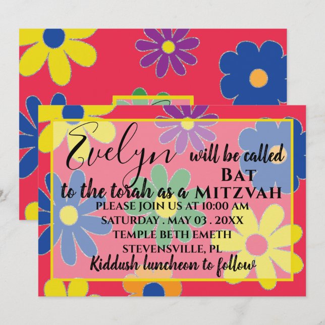 BM Bat N Bar Mitzvah Groovy Flower Invitation (Front/Back)