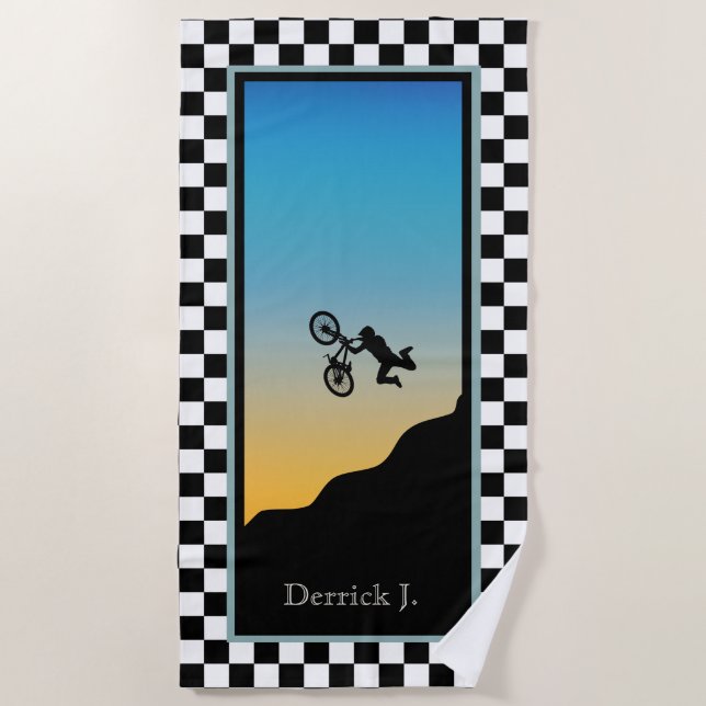 BMX Bicycle Moto Cross Checkered Beach Towel (Front)