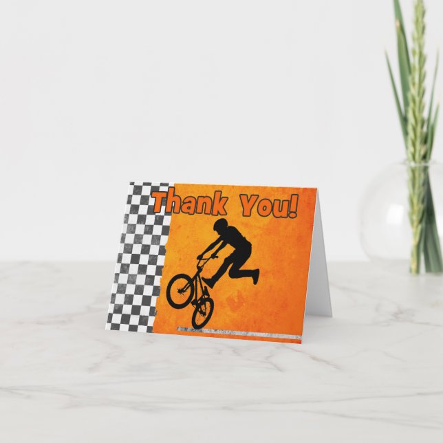 BMX Bike Boys Birthday Party Thank You Note Orange Card (Front)