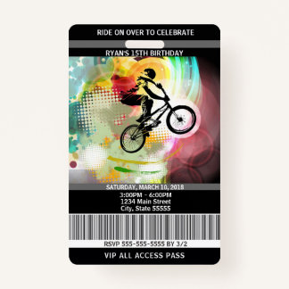 BMX Birthday Invitation VIP Pass Badge
