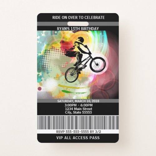 BMX Birthday Invitation VIP Pass Badge