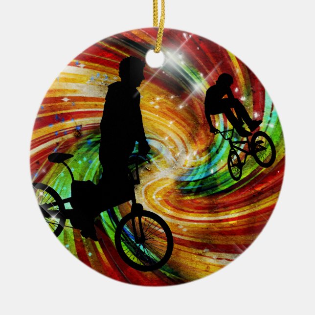 BMXers in Red and Orange Grunge Swirls Ceramic Ornament (Front)