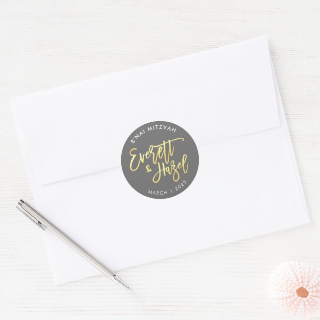 B'NAI MITZVAH favor modern grey gold Classic Round Sticker (Envelope)