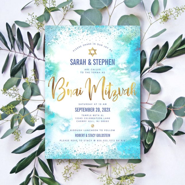 B'nai Mitzvah Gold Script Turquoise Watercolor Invitation (Creator Uploaded)