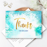 B'nai Mitzvah Gold Turquoise Watercolor Thank You Postcard<br><div class="desc">Make sure your favorite B’nai Mitzvahs show their appreciation to all who supported their milestone event! Send out this stunning, modern, personalized thank you postcard. Sparkly gold faux foil calligraphy script and blue confetti dots overlay a turquoise blue watercolor background. On the front, personalize with your B’nai Mitzvahs’ names. Add...</div>