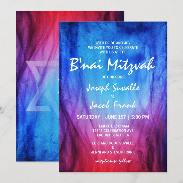 B'nai Mitzvah Invitations | Blue Red | Fire Ice (Front/Back)