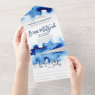 B'NAI MITZVAH INVITE hand lettered blue watercolor