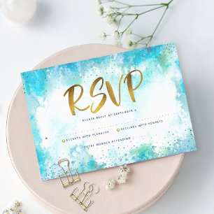 B'nai Mitzvah modern gold turquoise watercolor RSVP Card