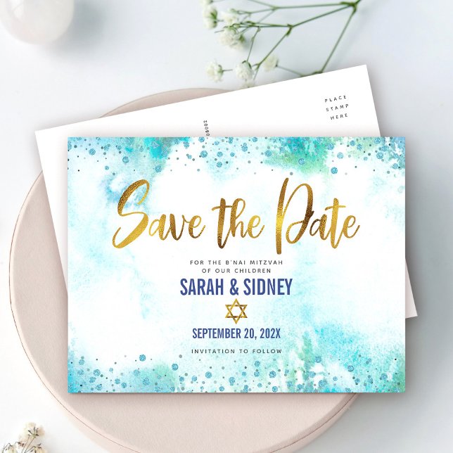 B'nai Mitzvah Save Date Gold Turquoise Watercolor Invitation Postcard (Creator Uploaded)