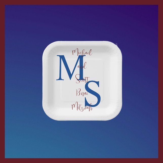 B'nai Mitzvah White Blue Burgundy Name Monogram Paper Plates (Creator Uploaded)
