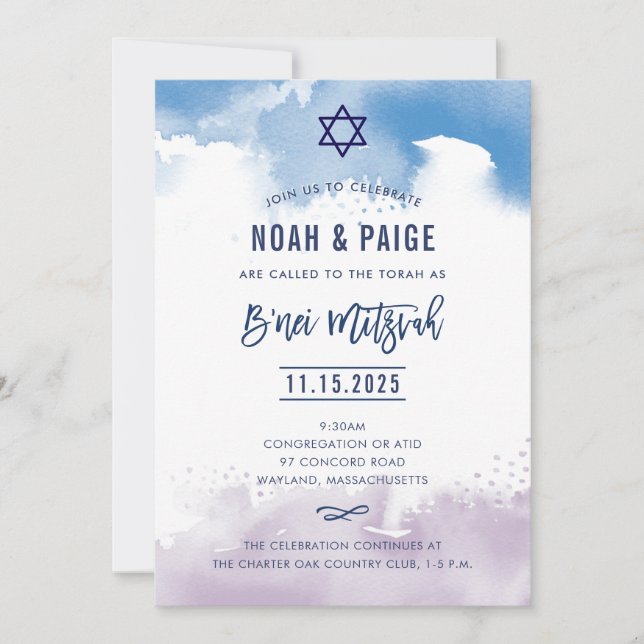 B'NEI MITZVAH handwritten blue & purple watercolor Invitation (Front)