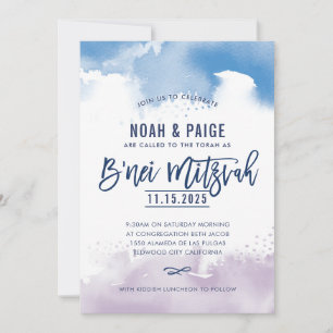 B'NEI MITZVAH handwritten blue & purple watercolor Invitation