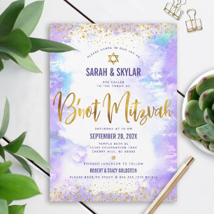 B'not Mitzvah Modern Gold Foil Purple Watercolor Invitation